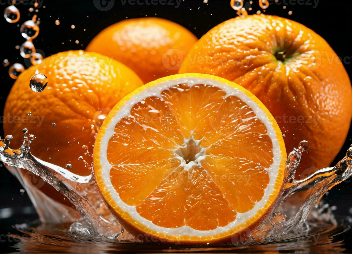 Orange fruits falling in the water splashes AI Generative photo