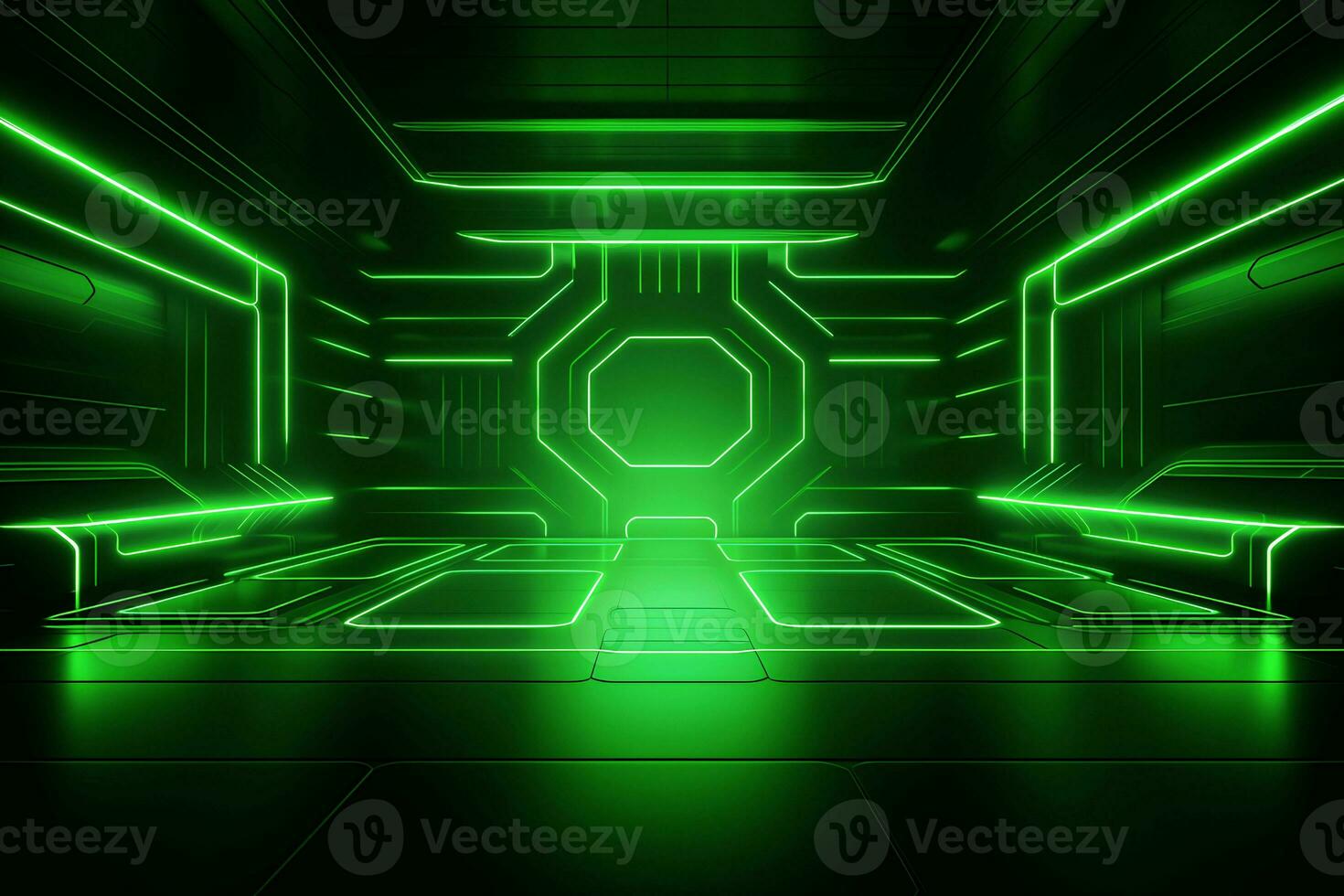 Abstract neon green background, cyber space, parallel universe, lines, stripes, glow. Generative AI photo