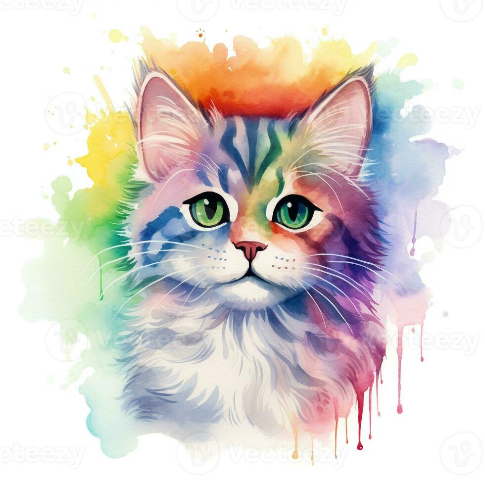 Cute watercolor cat in rainbow colors, isolated illustration on white background. Generative AI photo