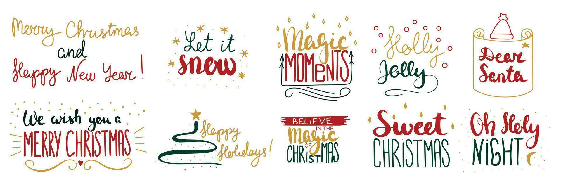 colección de alegre Navidad corto frases dejar eso nieve, magia momentos, acebo alegre, querido Papa Noel, dulce Navidad, Oh santo noche. vector ilustración.