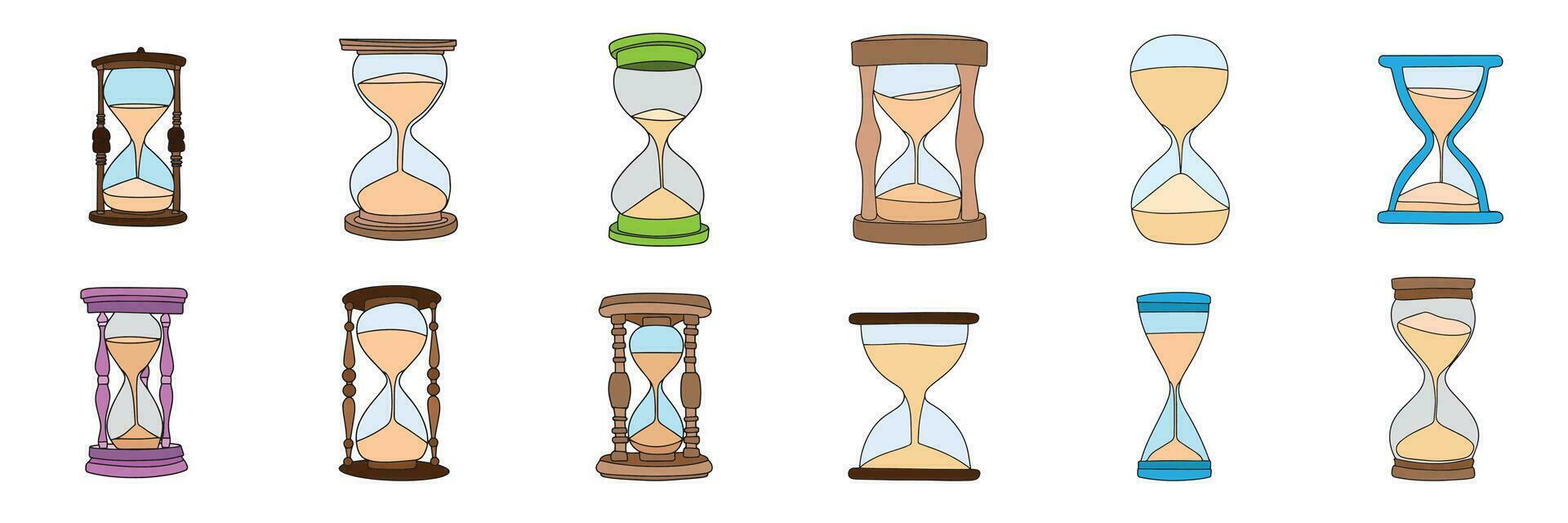 colección de relojes de arena de colores describir. conjunto de mano dibujado relojes de arena en garabatear estilo. reloj de arena describir. vector ilustración