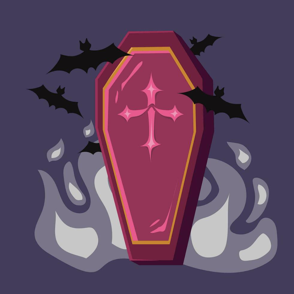 Pink coffin with black bats for halloween vector