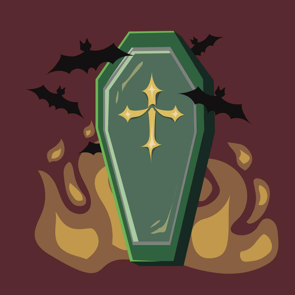 Green coffin with black bats for halloween vector