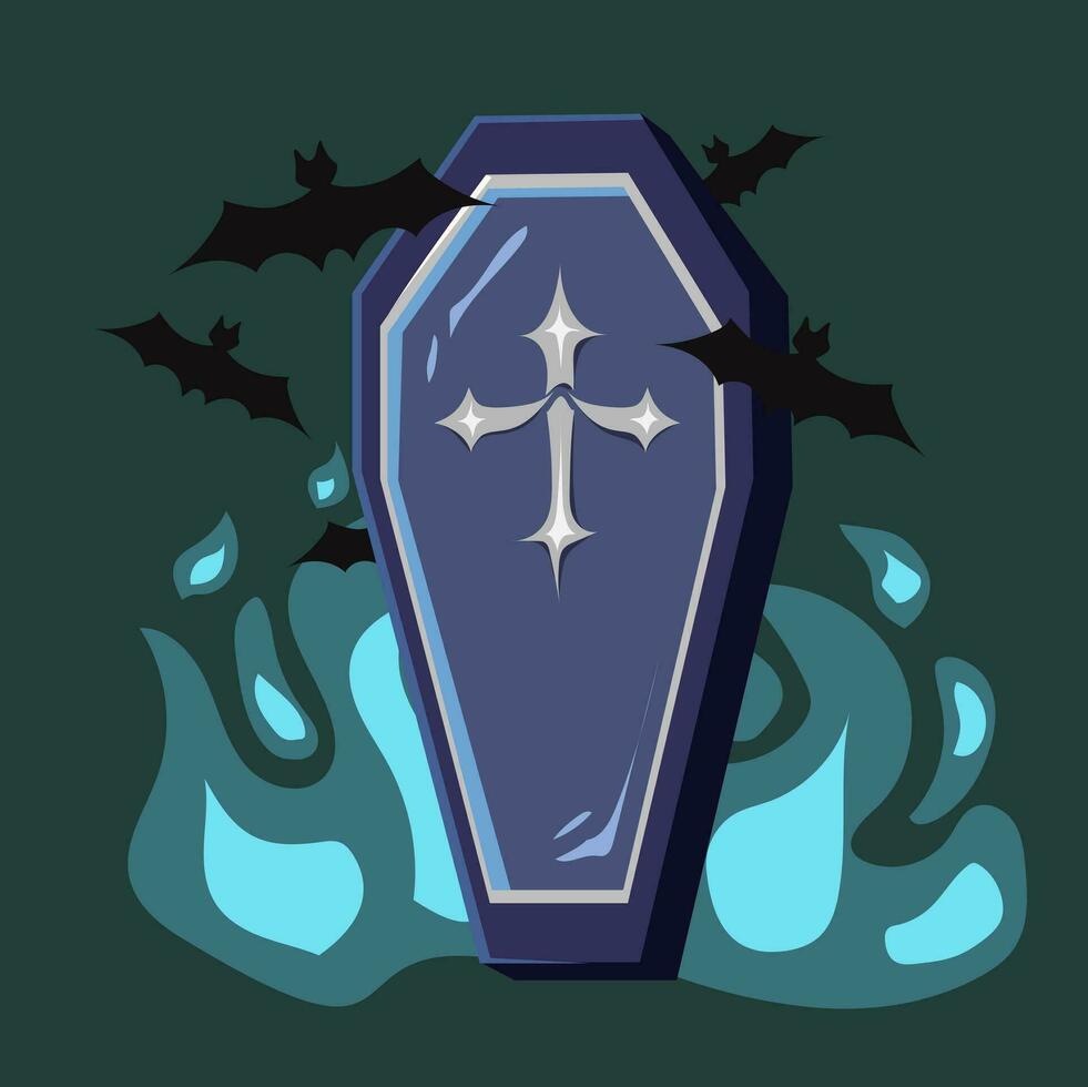 Blue coffin with black bats for halloween vector