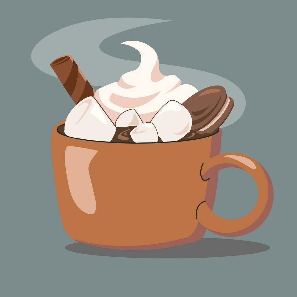 Brown cup of coffee with marshmallow vector