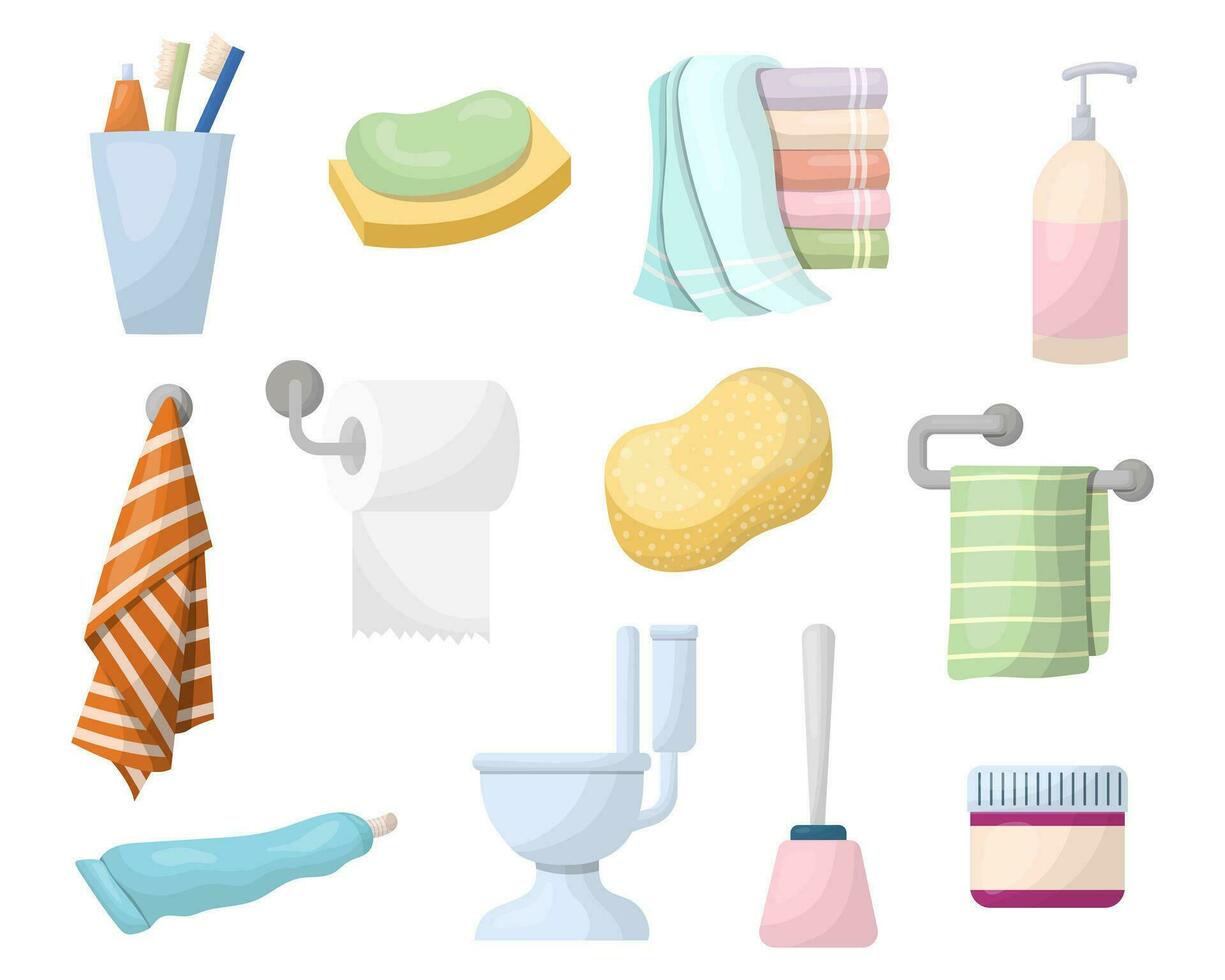 Bathroom accessories, a set of personal hygiene items, vector illustration. Cleaning and body care products, towel