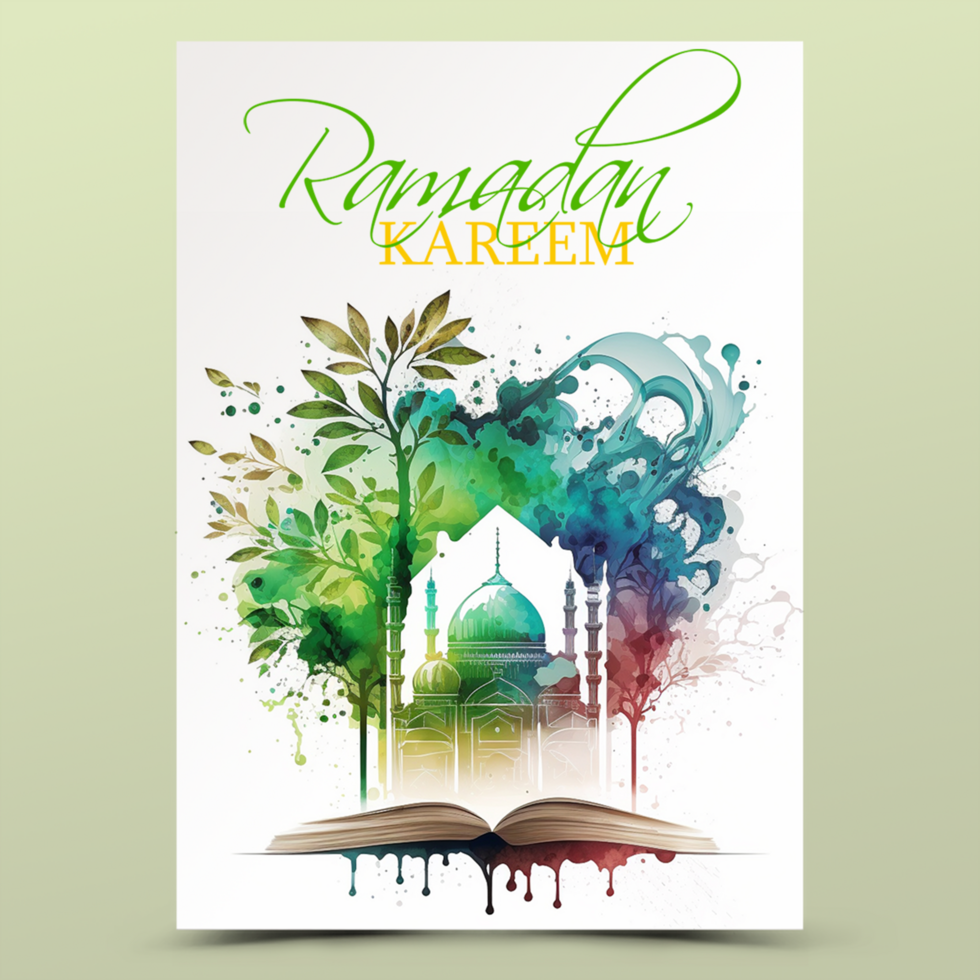 Ramadan Kareem. Islamic watercolor painting psd template with ramadan for wallpaper design