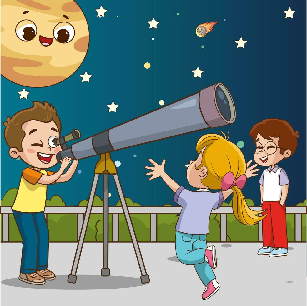 Vector Illustration of Children looking at telescope.Children looking through telescope in the night cartoon vector illustration graphic design.