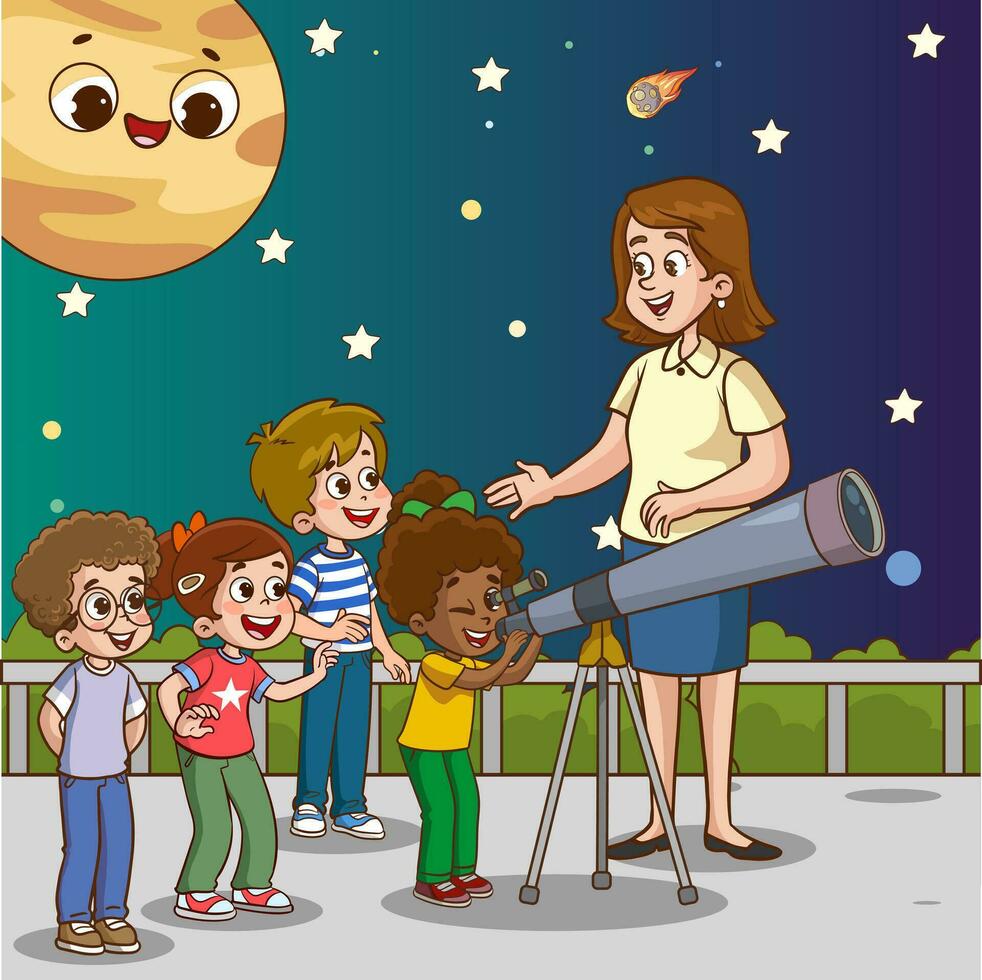 Vector Illustration of Children looking at telescope.Children looking