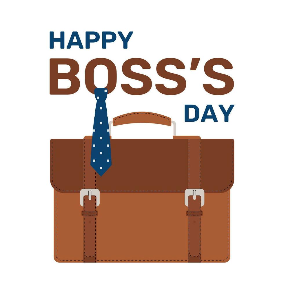 Happy Boss Day or National Boss Day holiday design. Business briefcase with text and man tie. Vector flat illustration for banner, poster, greeting card