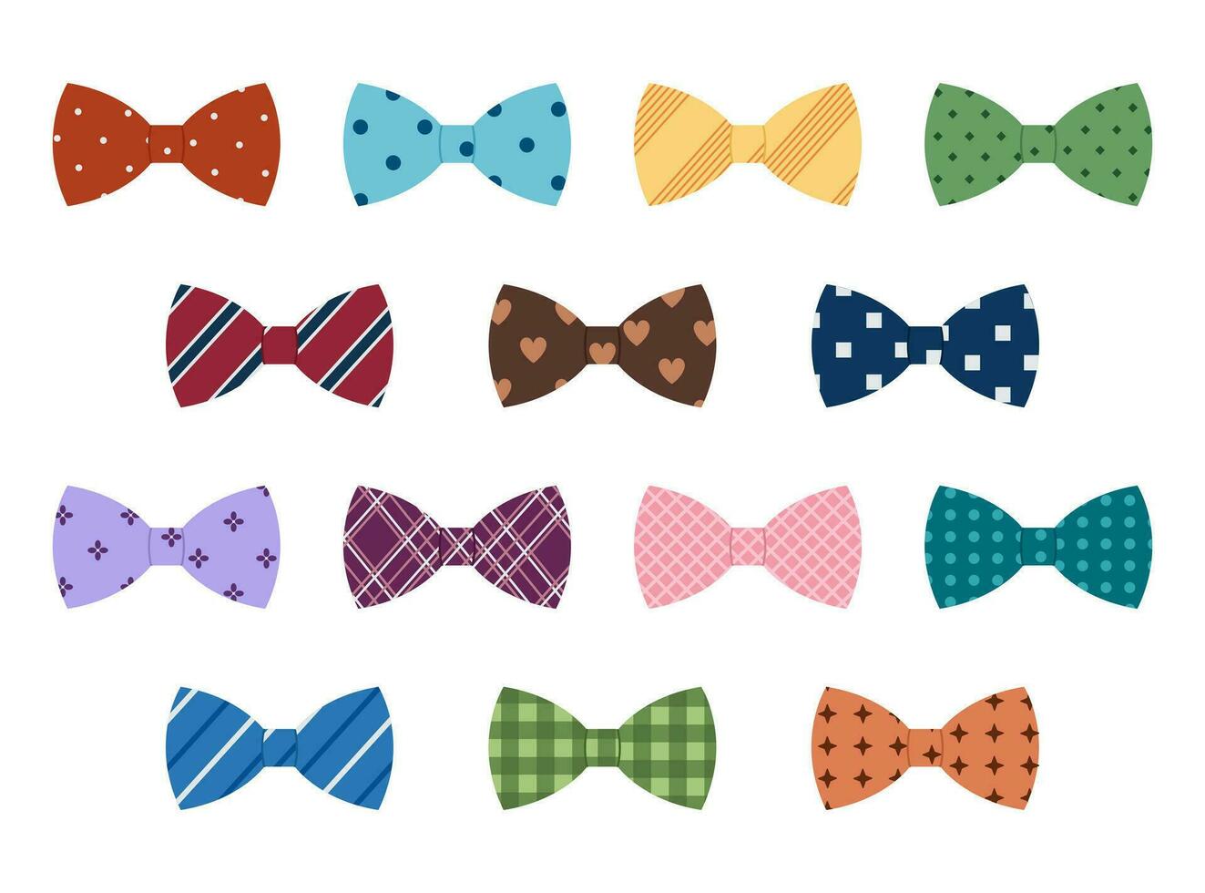 Set of colored man bow ties with different patterns. Butterfly neck tie collection for business or party. Accessories for man suits. Vector flat illustration isolated on white background