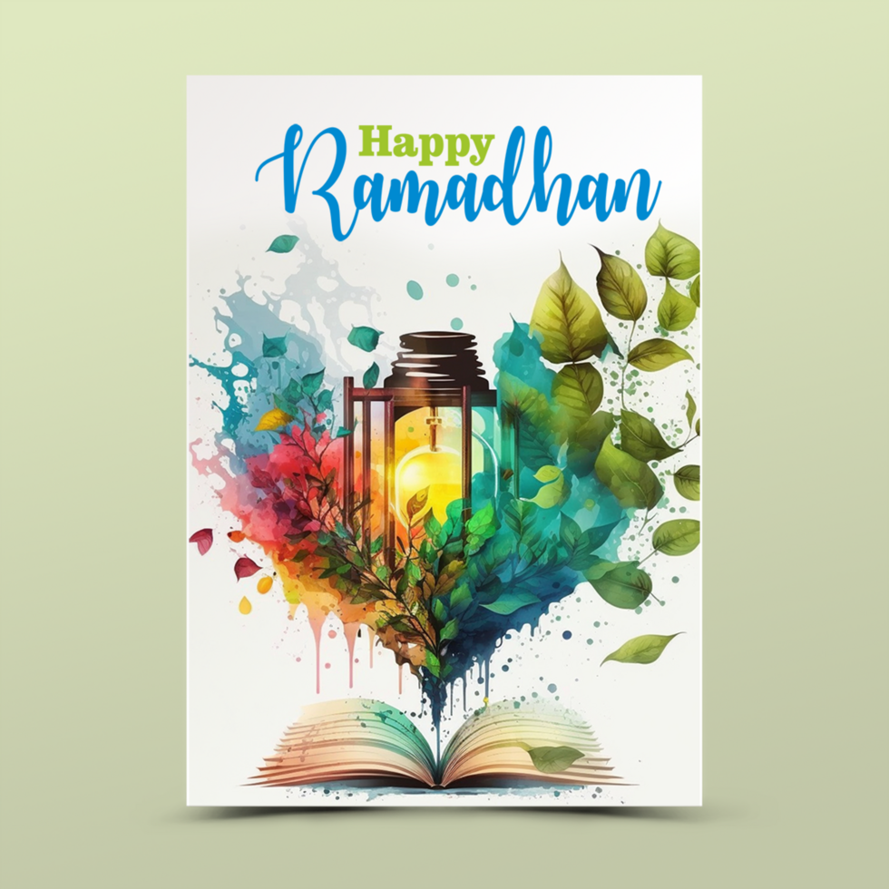 Ramadhan kareem psd template suitable for promotion, marketing etc. Elegant ramadan kareem background with water color painting mosque.