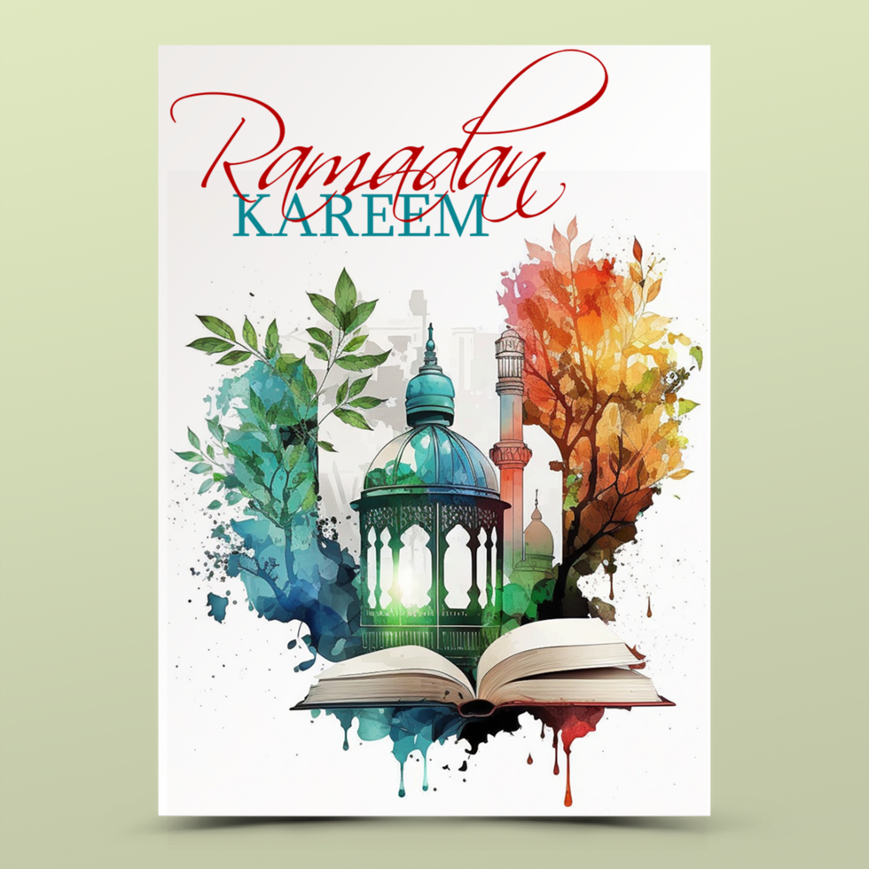 Ramadhan kareem psd template suitable for promotion, marketing etc. Elegant ramadan kareem background with water color painting mosque.