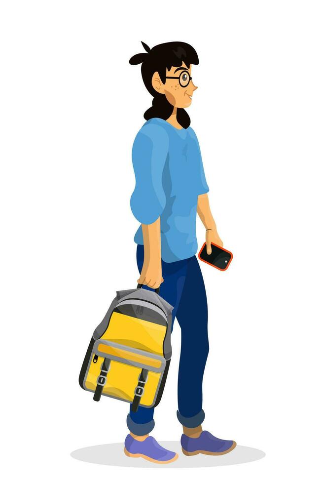 Vector cartoon illustration of school girl with backpack. Cute funny character.