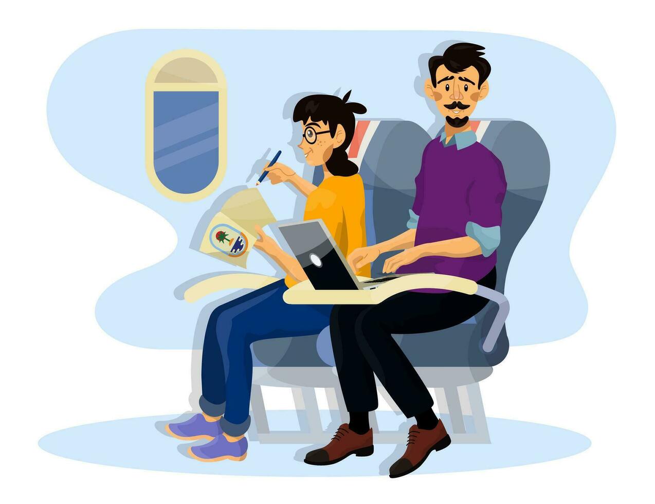 vector plano ilustración de pasajeros en un cabina de avión durante el vuelo.