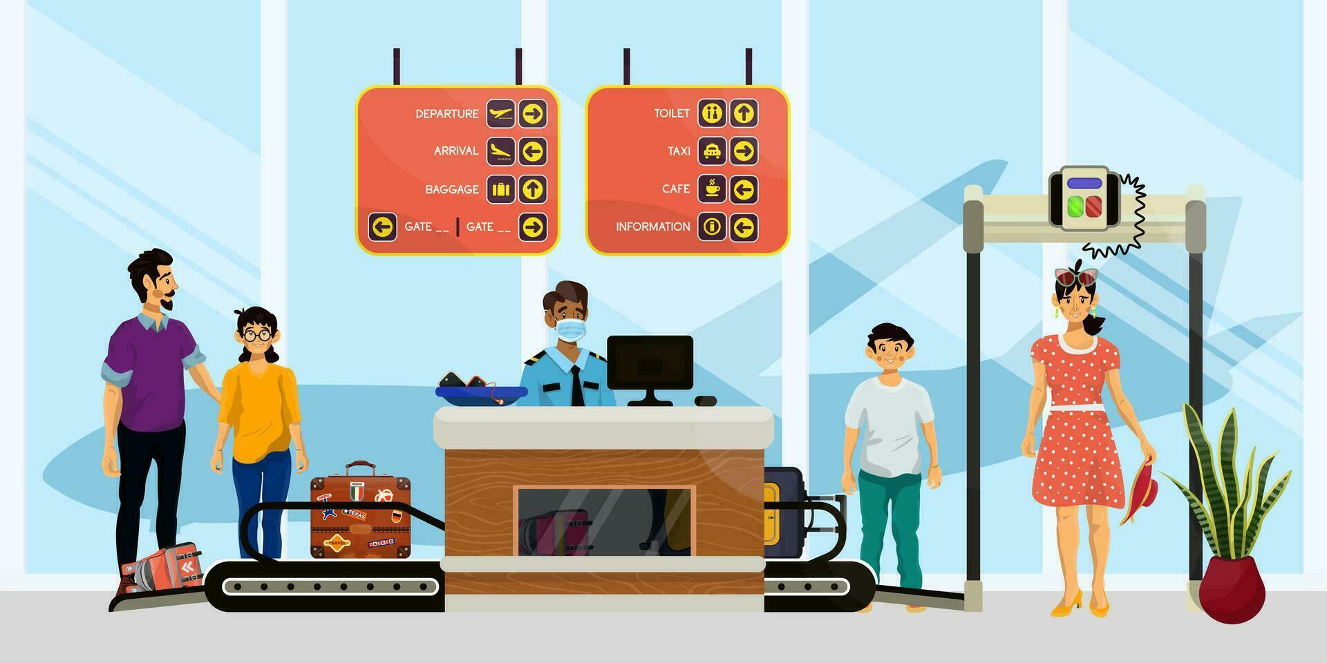 Cartoon illustration of airport inspection process. Vector concept of check equipment and people.