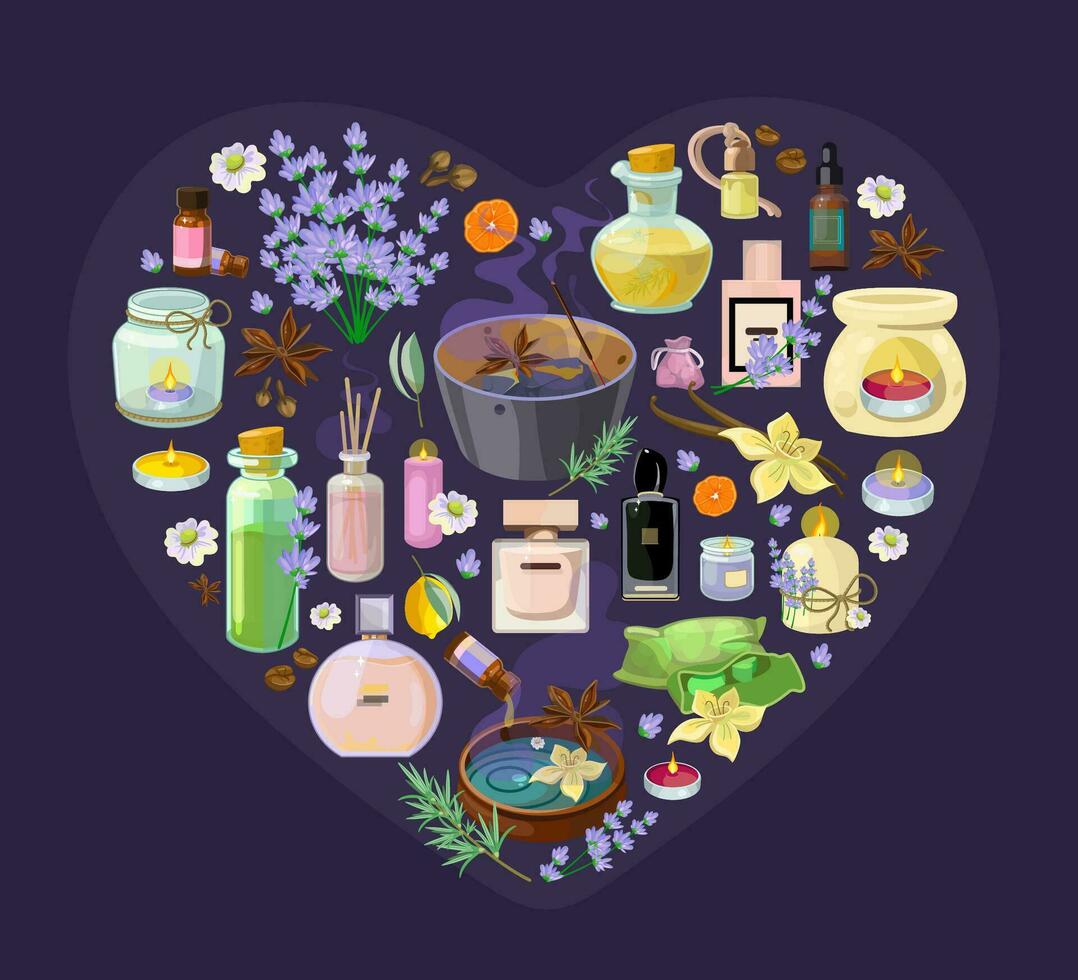 Banner of Heart with Collection of Aromatic Accessories vector