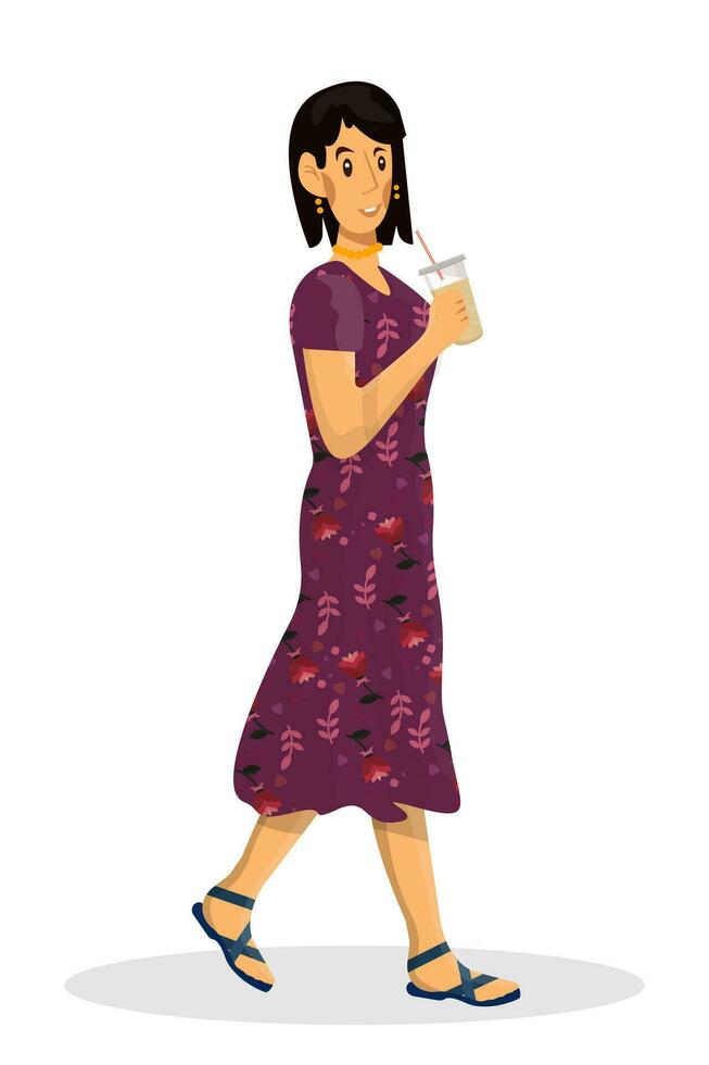 Vector illustration of walking beautiful woman character on white isolated background.