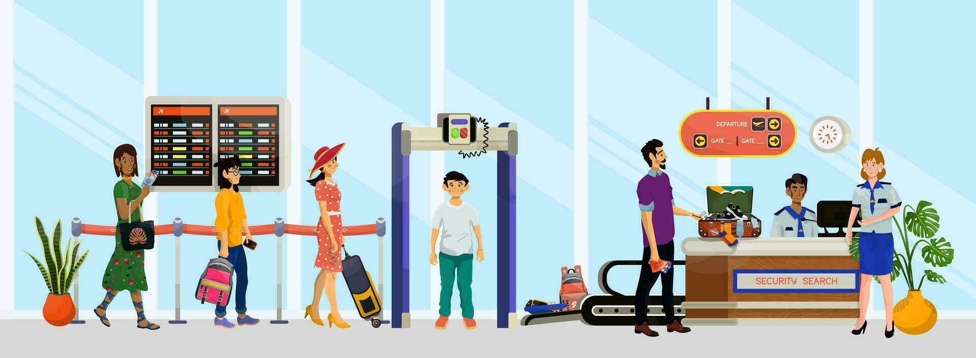 vector ilustración de escritorio de seguridad buscar con inspector y pasajeros o turistas en aeropuerto.