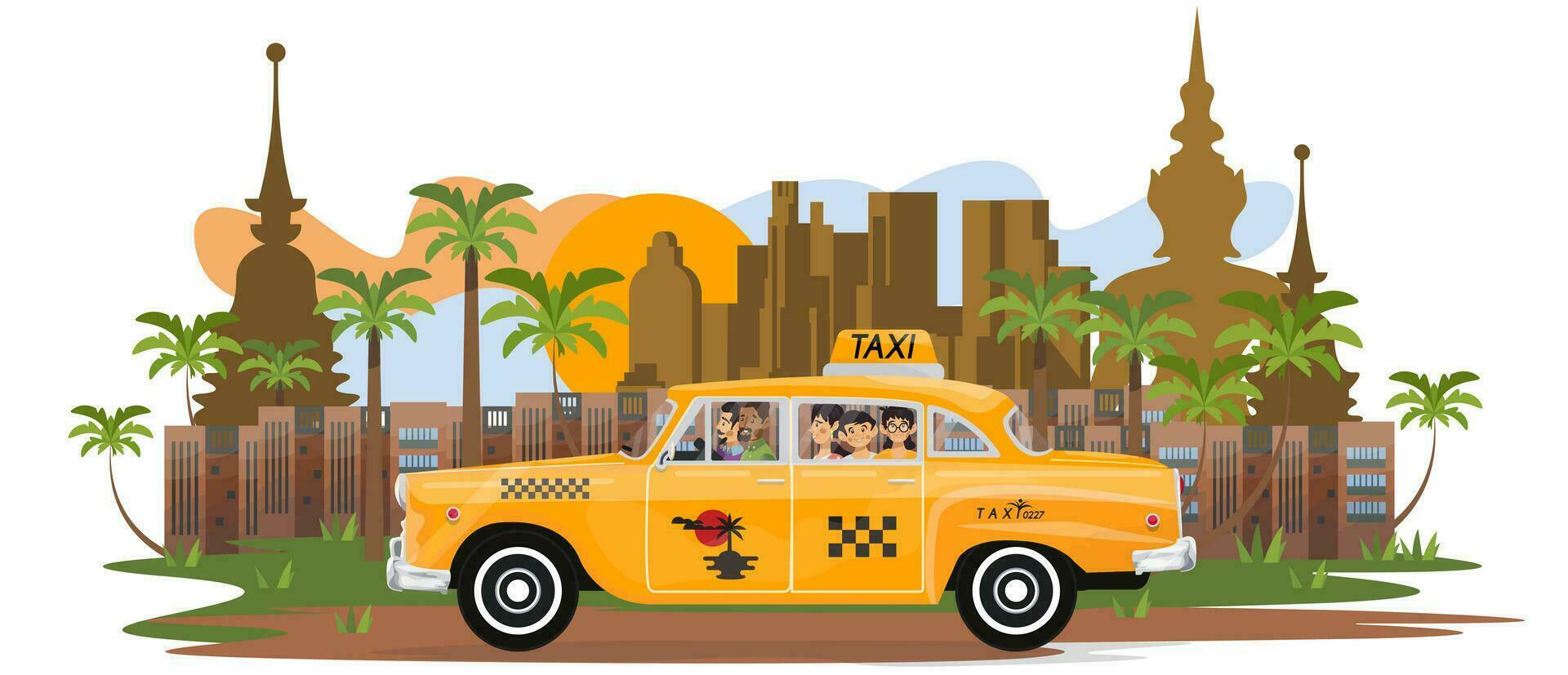 vector ilustración de contento familia Vamos en un retro Taxi en día festivo.