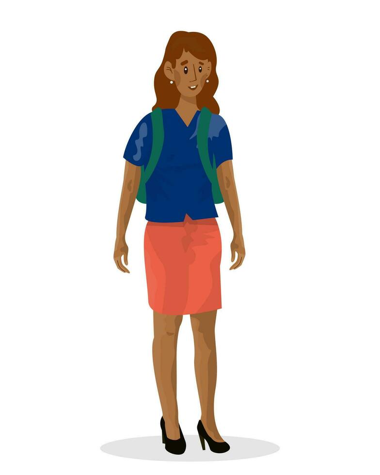 Vector cartoon illustration of school girl or student woman with backpack.