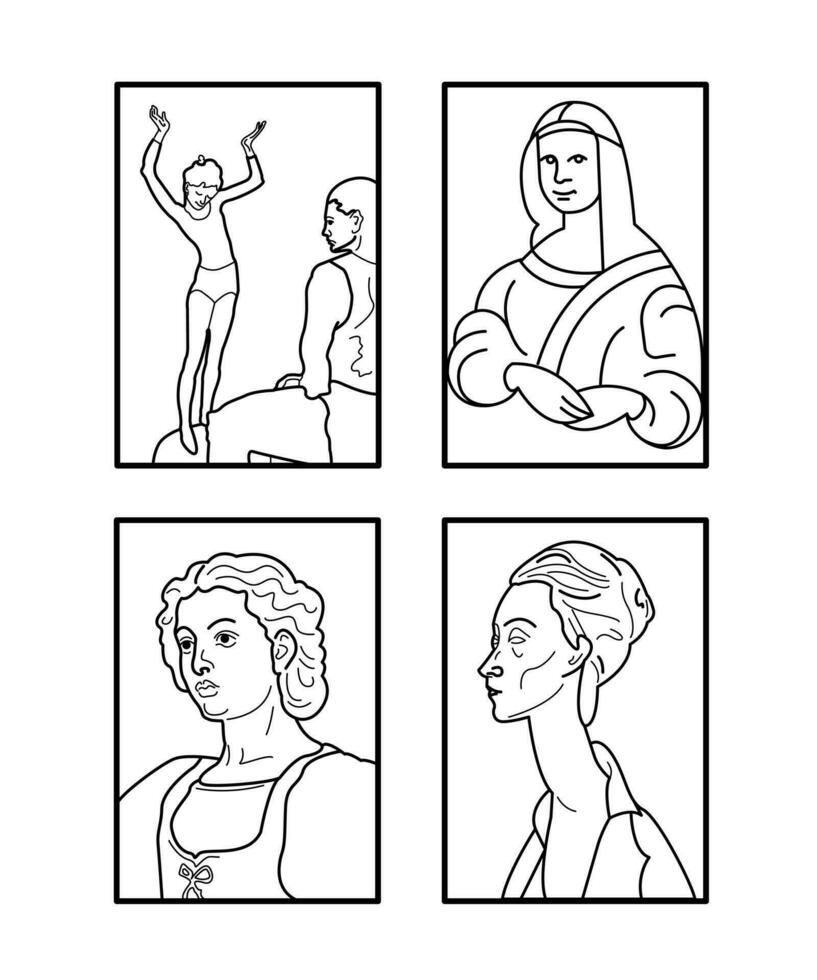 Collection of linear illustrations of vintage paintings vector