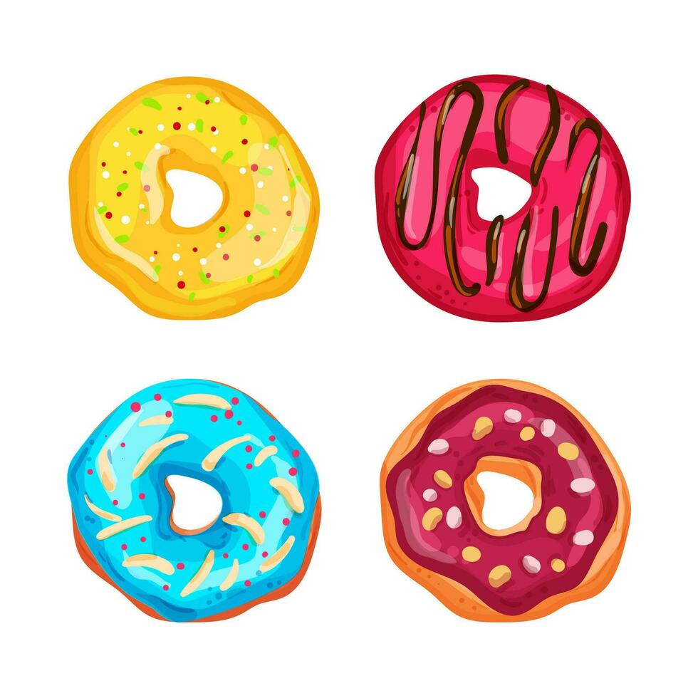 Collection of vector illustrations of bright and appetizing donuts