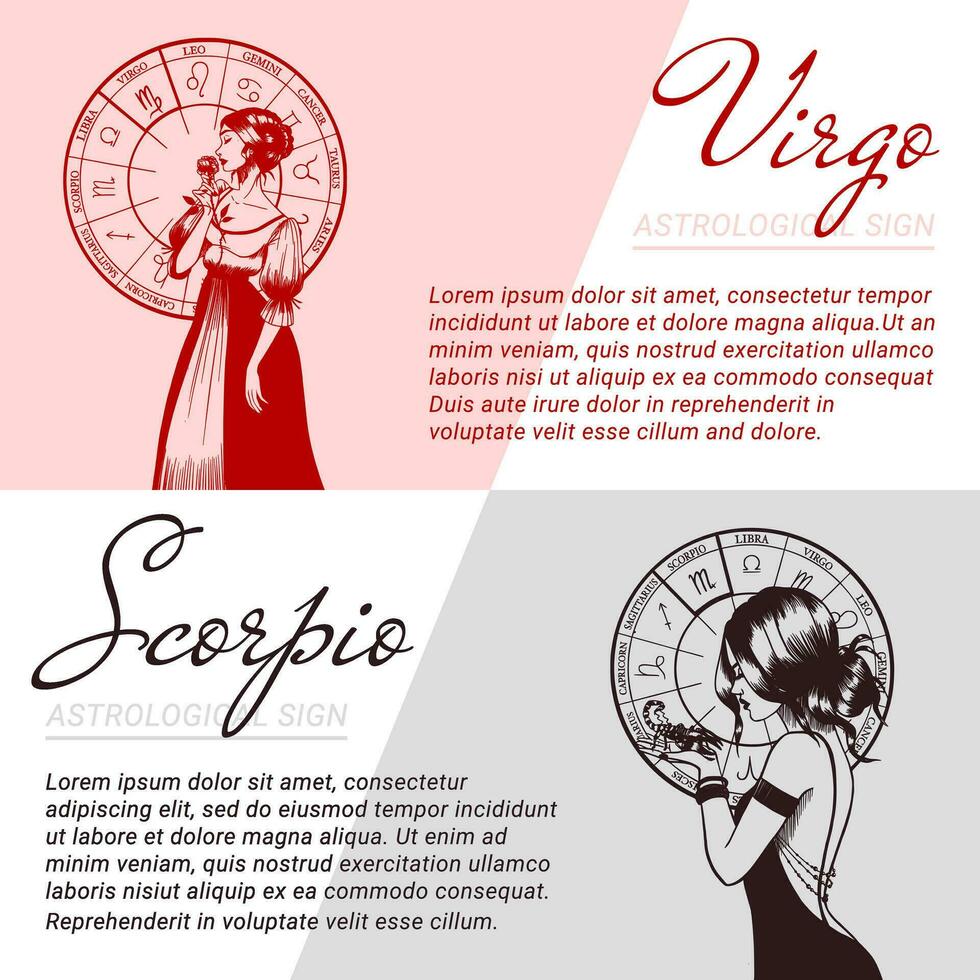 Collection of banners and templates with beautiful women. Concepts of zodiac, astrological signs. vector