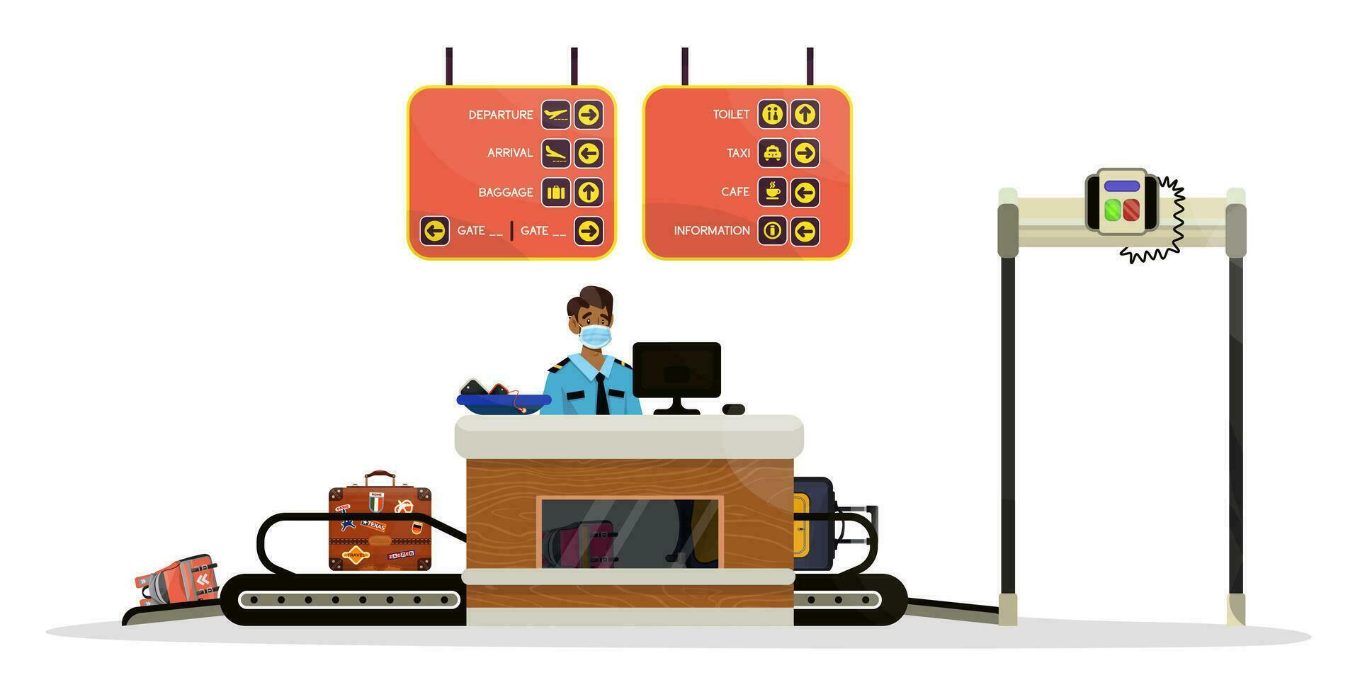 Cartoon illustration of airport inspection process. Vector concept of check equipment.