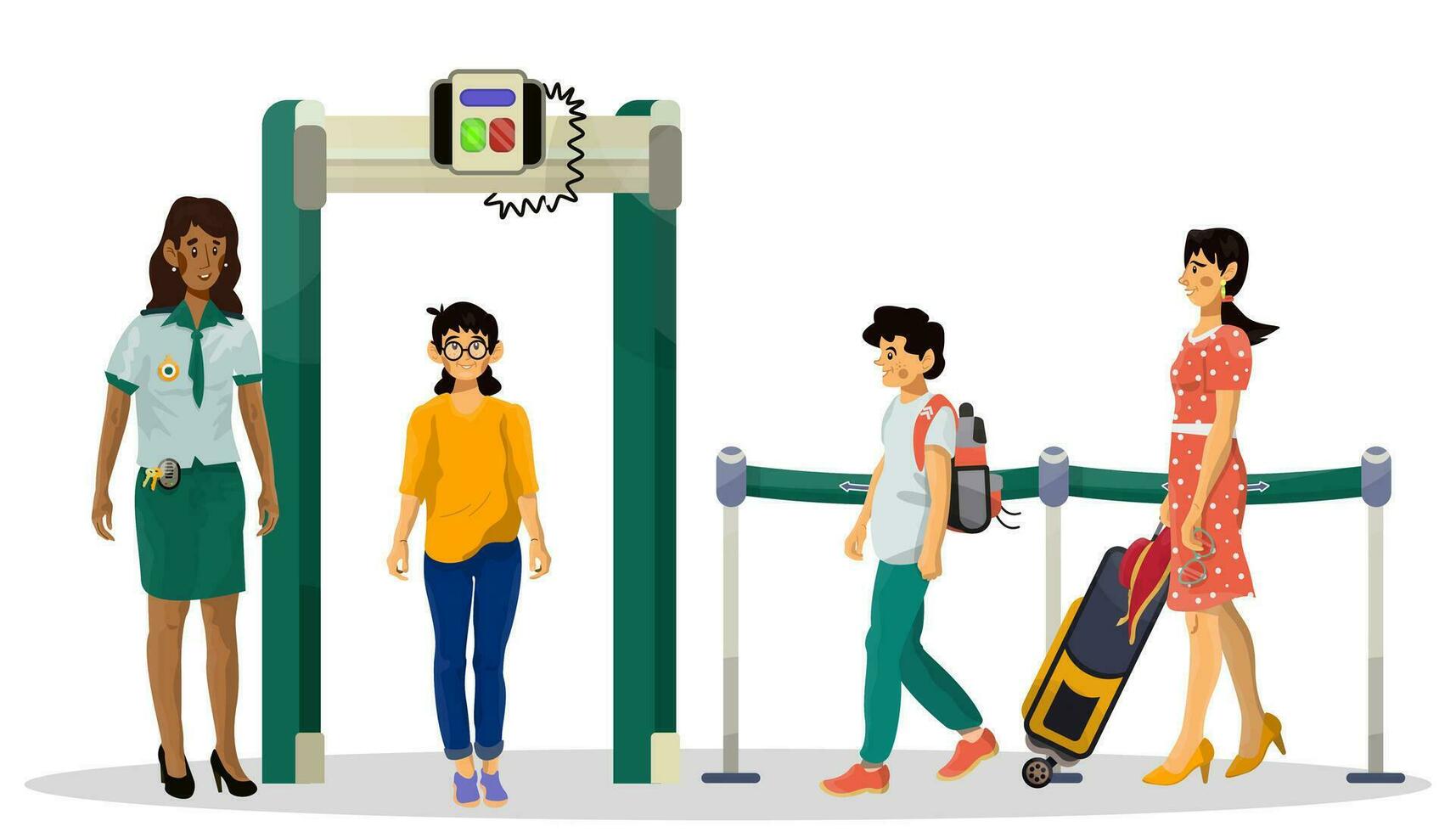 Cartoon illustration of airport inspection process. Vector concept of check equipment and people.