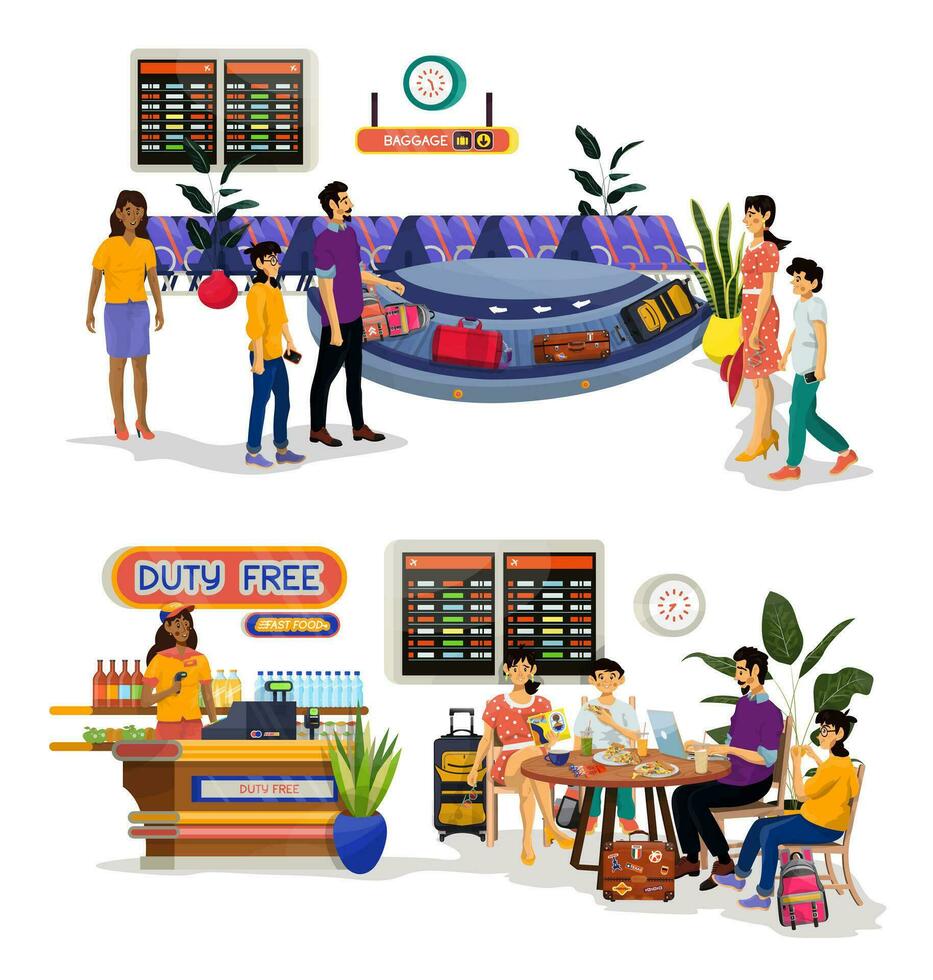 Vector flat illustration of baggage reclaim with waiting family. Duty Free Shop and cafe.