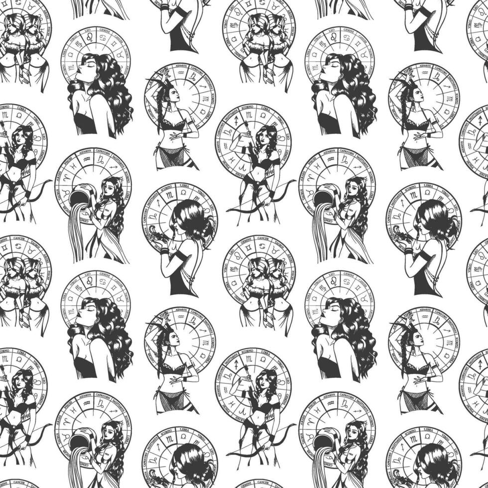 Seamless pattern with hand drawn monochrome arts of beautiful woman with astrological signs. vector