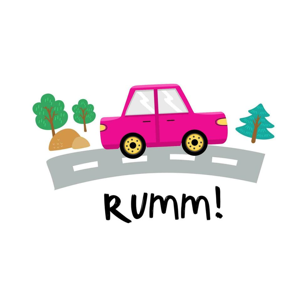 Illustration with auto on the road. Kids cars for design of children's rooms, clothing, textiles. Vector