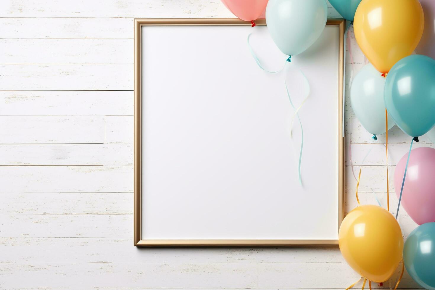 Congratulatory background with balloons and empty frame on a wooden wall. Design element for greeting card or party invitation. photo