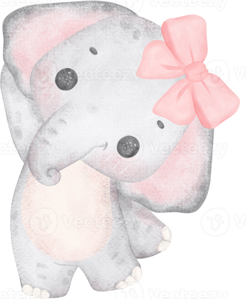 Cute Baby Elephant with Pink Bow Watercolor Nursery Art png