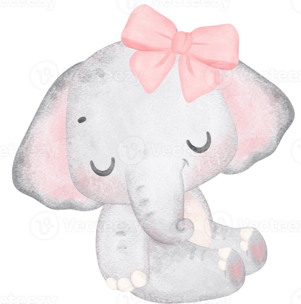 Cute Baby Elephant with Pink Bow slleeping Watercolor Nursery Art png