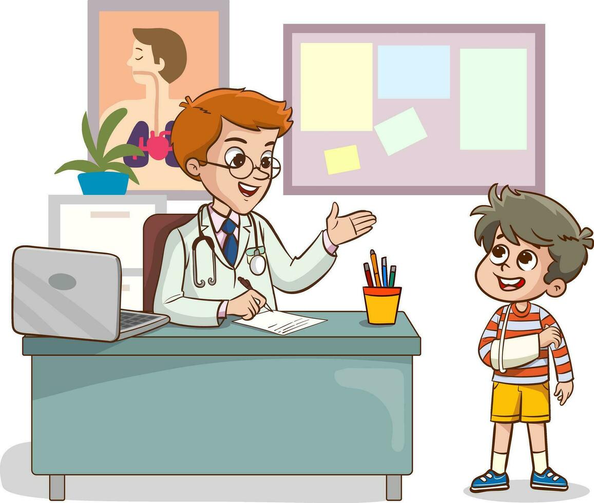 doctor and sick children talking vector illustration.children with broken arm and doctor.