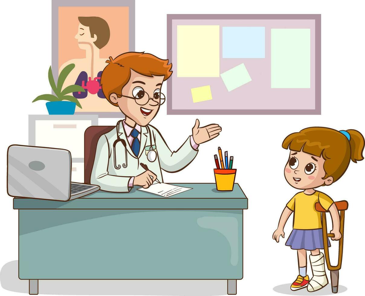 médico y enfermo niños hablando vector ilustracion.niña niño con roto pierna