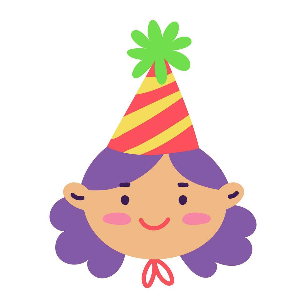 retrato de un niña en un festivo cumpleaños cono en un blanco antecedentes. festivo retrato de el cumpleaños chico. un niña en un festivo cono. cumpleaños, un fiesta para un chico. a rayas sombrero vector