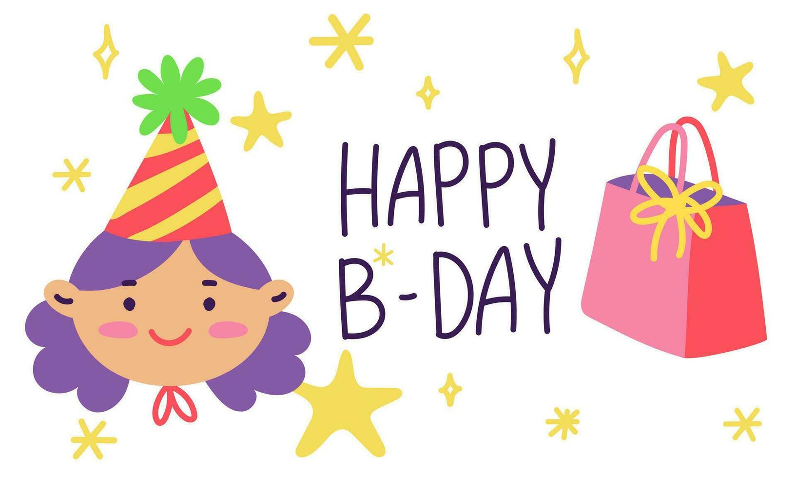 Birthday card with a girl, with a gift package and stars on a white background. A holiday card, an invitation to a holiday. Cute cartoon postcard with a character vector