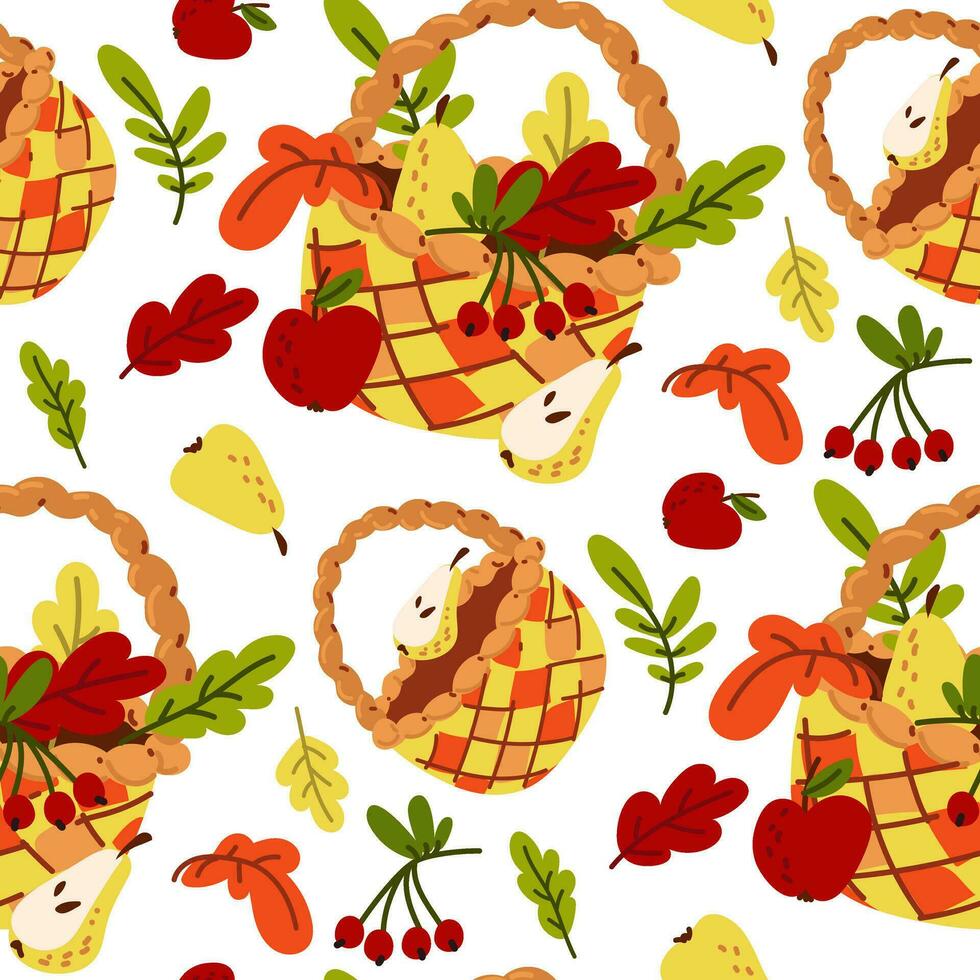 Pattern from an autumn wicker basket with autumn leaves, berries, fruits inside. The foliage looks like a bouquet in baskets on a white background. Vector flat illustration of autumn weather. Print