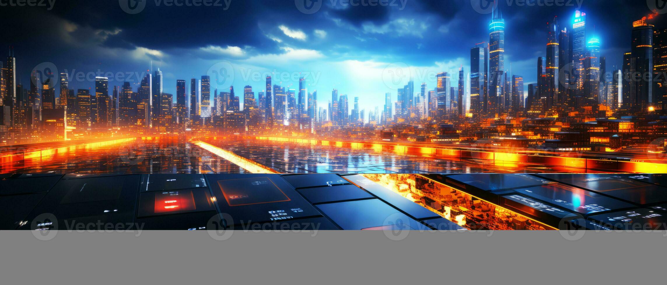 Abstract technology digital hi-tech city concept background. AI Generated. photo