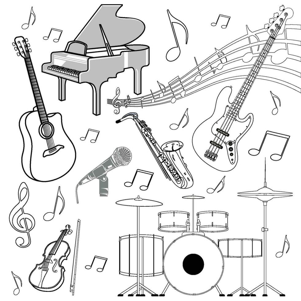Vector set of musical instruments. Cartoon line art isolated objects on a white background