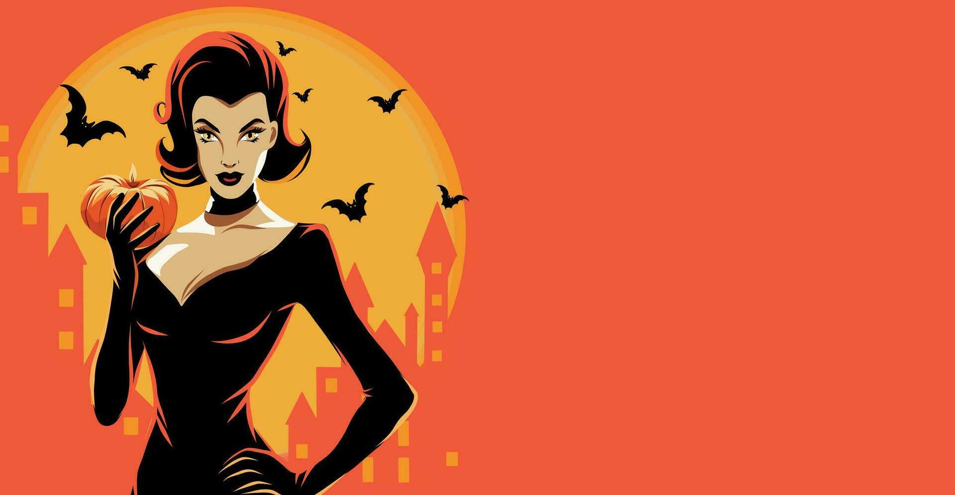 Vector horizontal banner Happy Halloween Party banner place for text flat illustration in comic style beautiful woman queen of darkness, witch, pumpkin in hands, retro style