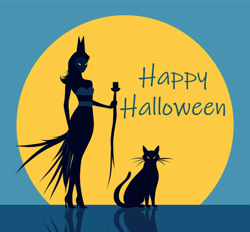 Vector flat illustration of halloween witch and cat on the background of the moon