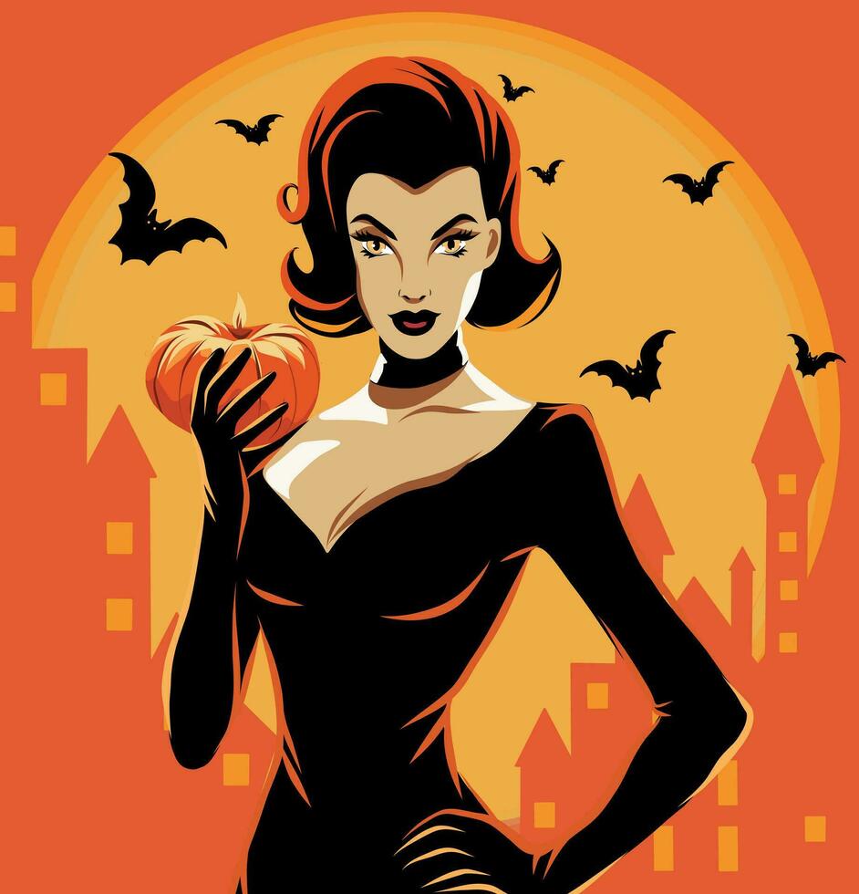 Vector banner Happy Halloween Party banner flat bright illustration in comic style beautiful woman queen of darkness, witch, pumpkin in hands, retro style