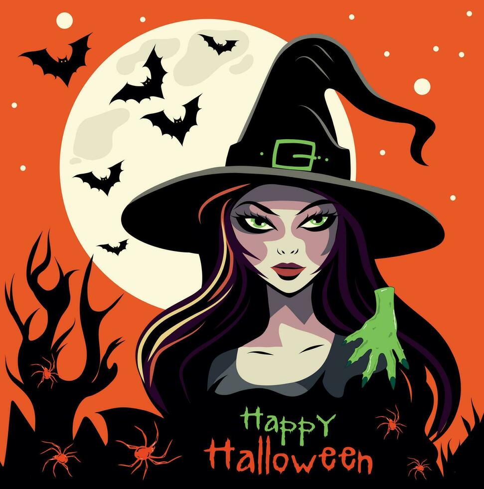 Vector illustration of a halloween avatar of a cute beautiful witch in a hat cap of a mystical character in a flat style on a bright orange background, space for text