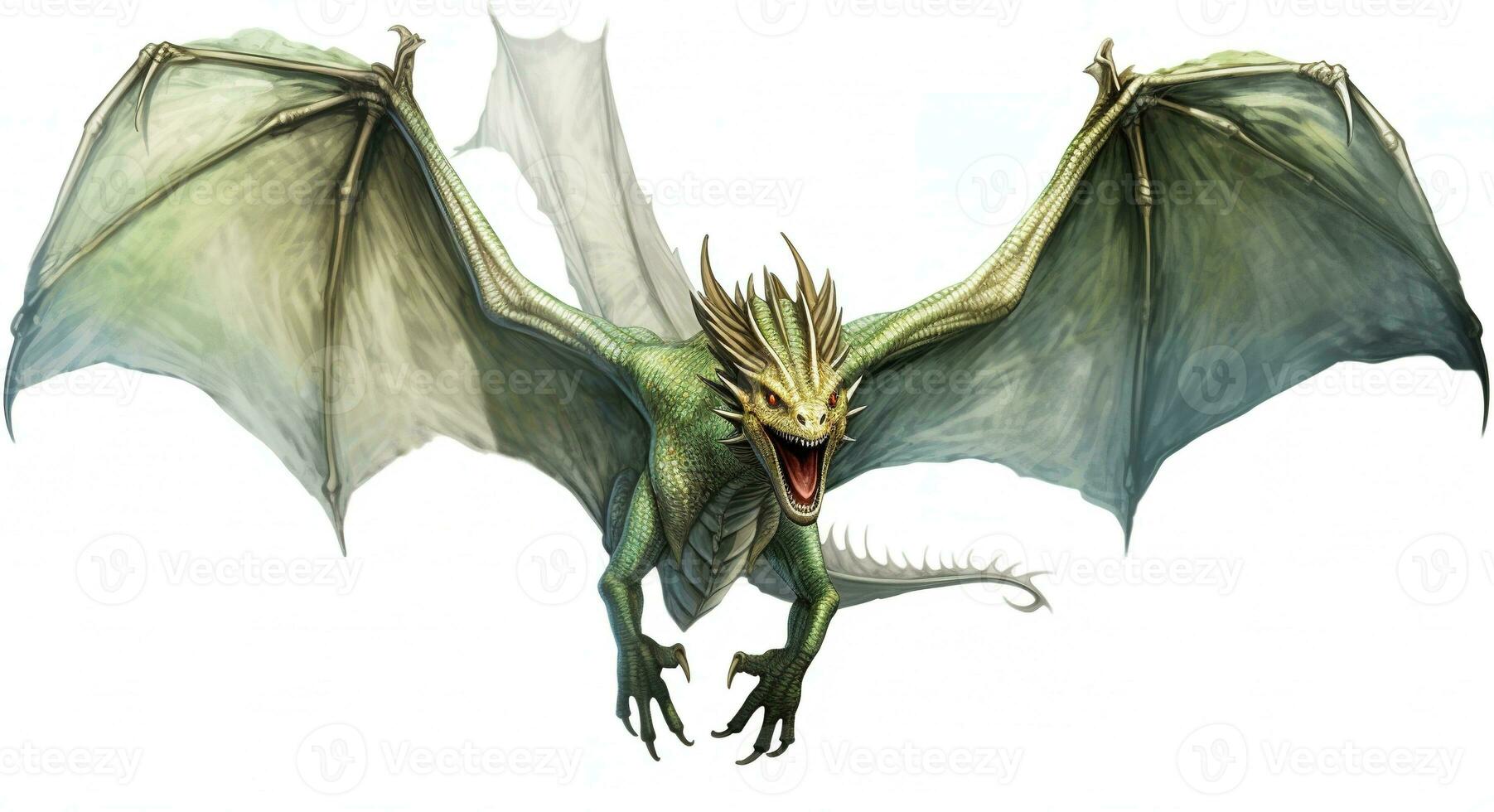 Fantasy Dragon. Ferocious monster. Vicious dragon flying in the white background. Digital illustration photo