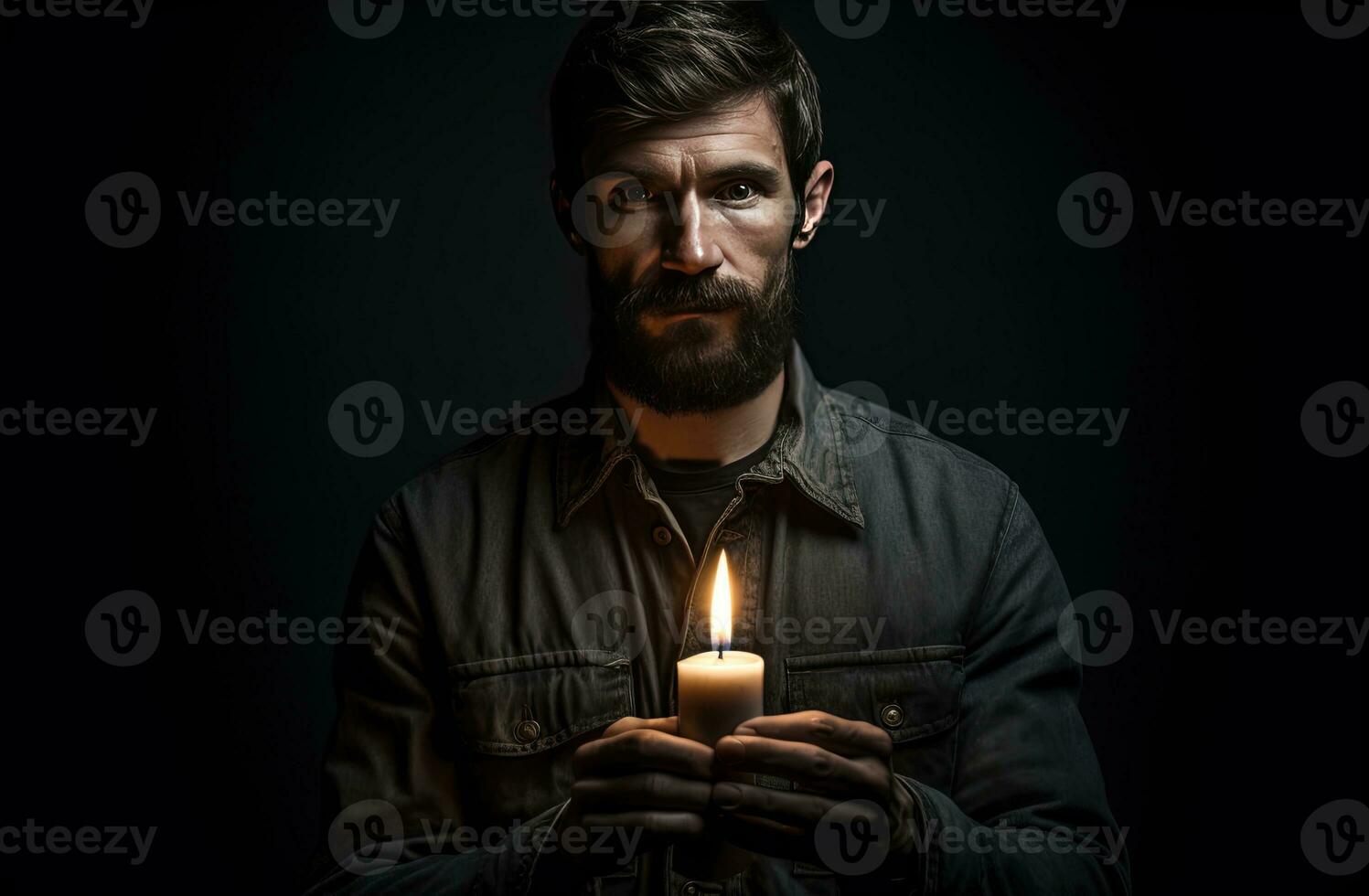 Man looking at the camera with a candle in the dark. Blackout concept. photo