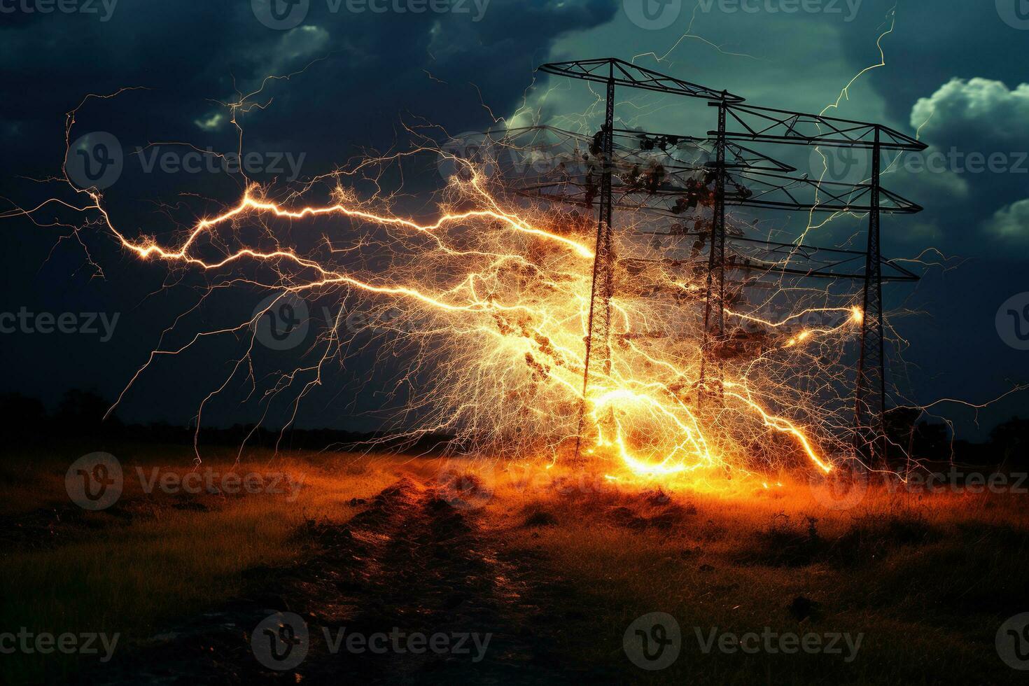 The rupture of a power line causing sparks to emanate from the severed wires. photo